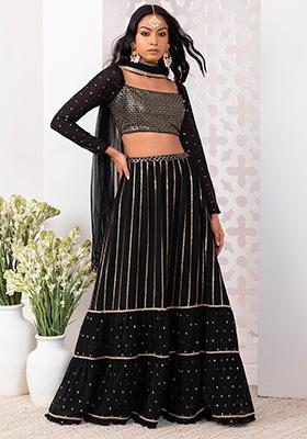 Black Sequin Embroidered Tiered Lehenga Set With Off Shoulder Blouse And Dupatta