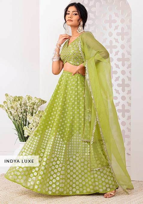Green Foil Print Lehenga Set With Sequinned Blouse And Organza Dupatta