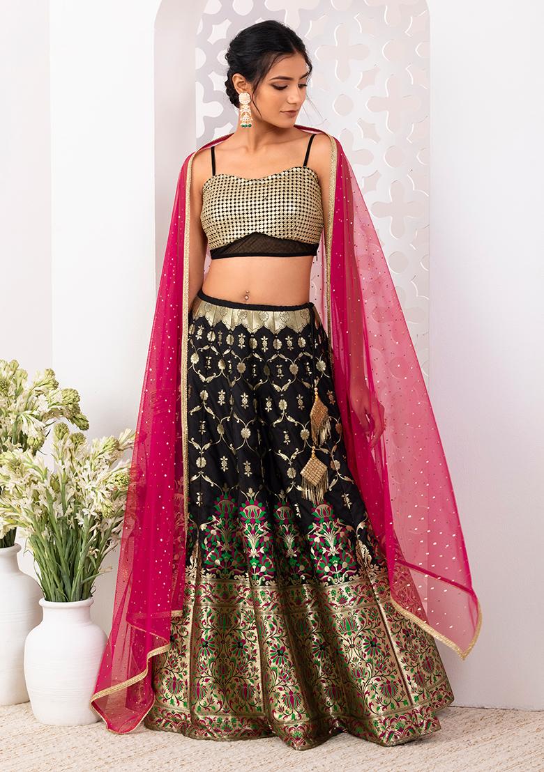 Black Gold Tilla Aari Embroidered Raw Silk Lehenga Set – Talking Threads