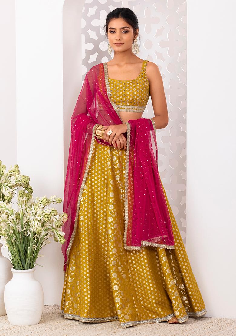 Buy Yellow Embroidery Mulberry Silk Bridal Lehenga Choli With Striped  Dupatta Online from EthnicPlus for ₹3049