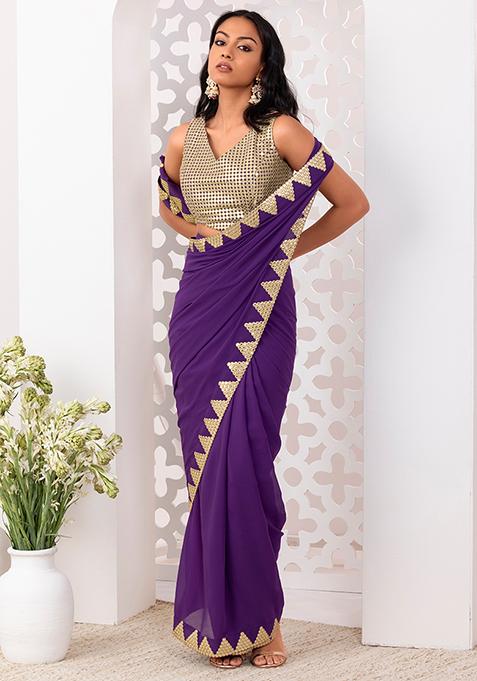 Purple Pre-Stitched Saree Set With Gold Mirror Work Blouse