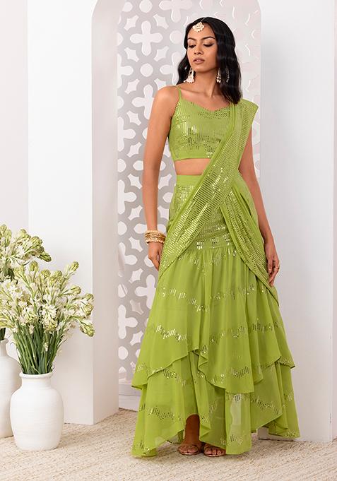 Green Foil Work Layered Pre-Stitched Saree Set With Strappy Blouse