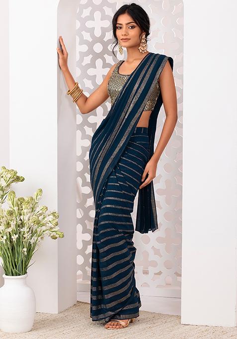 Teal Mukaish Work Pre-Stitched Saree Set With Sequinned Blouse 