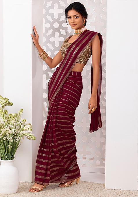 Maroon Mukaish Work Pre-Stitched Saree Set With Sequinned Blouse 