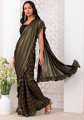 Black And Gold Ruffle Hem Pre-Stitched Saree Set With Sequinned Blouse         