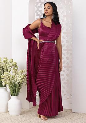 Ruby Pleated Satin Pre-Stitched Saree Set With Embroidered Blouse And Belt