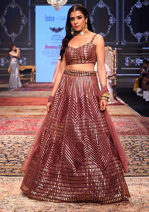 Dull Pink Foil Embroidered Lehenga Set With Strappy Blouse And Mesh Dupatta