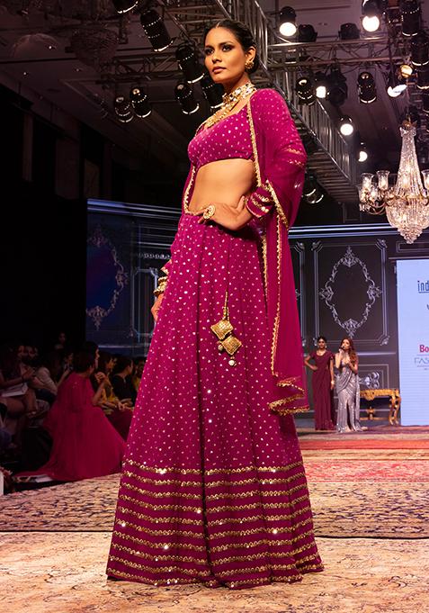 Plum Sequin And Zari Embroidered Lehenga Set With Blouse And Mesh Dupatta