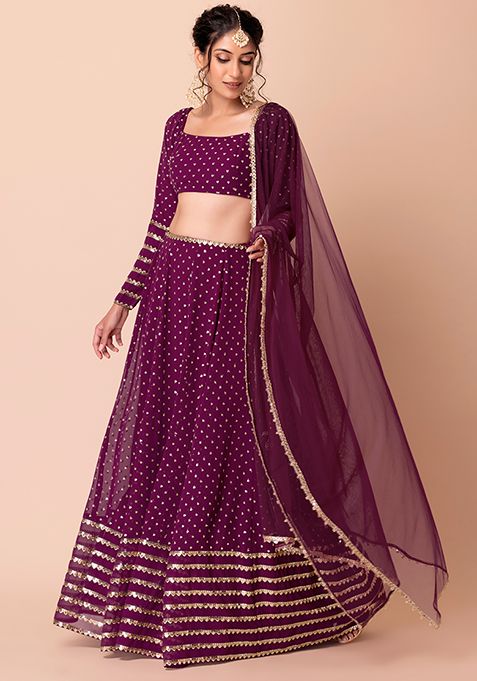 Buy Women Plum Sequin And Zari Embroidered Lehenga Set With Blouse And ...