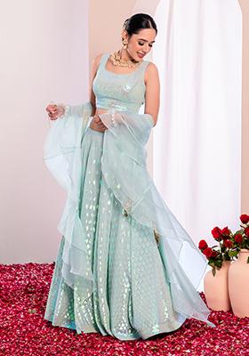 Pastel Blue Sequin Embroidered Lehenga Set With Blouse And Ruffled Dupatta