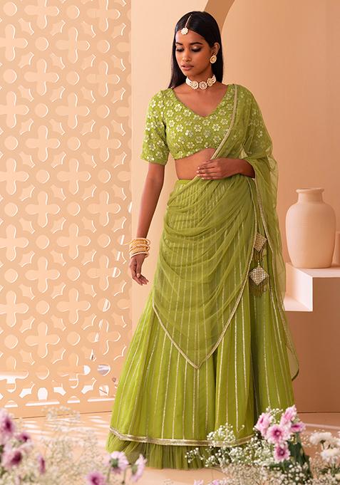 Lime Green Sequin Embroidered Lehenga Set With Blouse And Mesh Dupatta