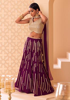 Plum And Gold Mirror And Zari Embroidered Lehenga Set With Blouse And Choker Neck Dupatta