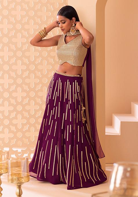 Plum And Gold Mirror And Zari Embroidered Lehenga Set With Blouse And Choker Neck Dupatta