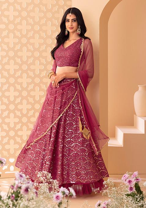 Berry Pink Sequin Embroidered Lehenga Set With Blouse And Mesh Dupatta