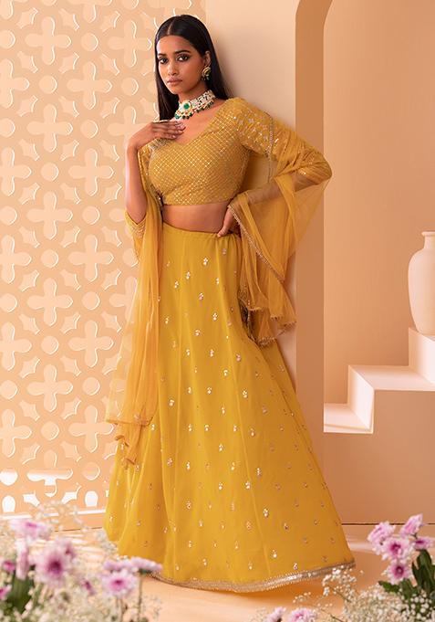 Mustard Yellow Sequin Embroidered Lehenga Set With Mirror Work Blouse And Mesh Dupatta