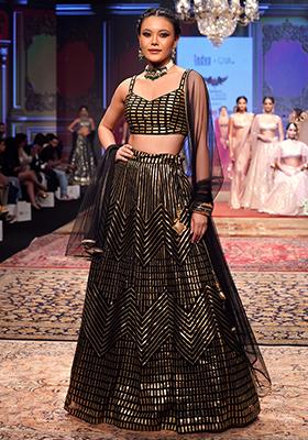Black And Gold Foil Work Lehenga Set With Blouse And Mesh Dupatta