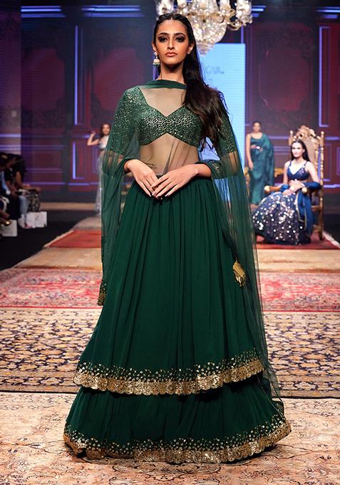 Emerald Glitter Sequin And Zari Embroidered Lehenga Set With Blouse