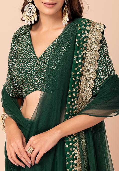 Buy Women Emerald Glitter Sequin And Zari Embroidered Lehenga Set With Blouse Ill00094