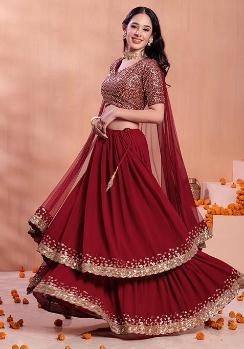 Maroon Glitter Sequin And Zari Embroidered Lehenga Set With Blouse And Dupatta