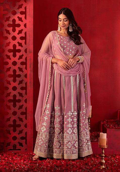 Dull Pink Mirror Sequin Embroidered Lehenga Set With Blouse And Dupatta