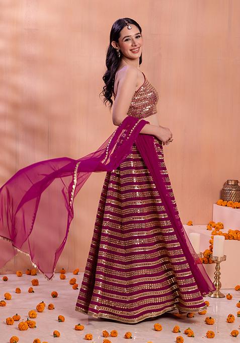 Purple Sequin And Zari Embroidered Lehenga Set With One Shoulder Blouse