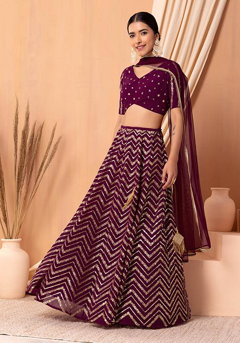 Plum Sequin And Zari Embroidered Lehenga Set With Blouse And Dupatta 