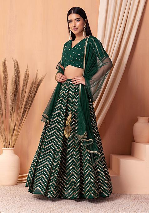 Deep Green Sequin And Zari Embroidered Lehenga Set With Blouse And Dupatta 	