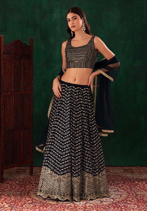 Navy Zari Embroidered Lehenga Set With Sequin Embroidered Blouse And Dupatta 	