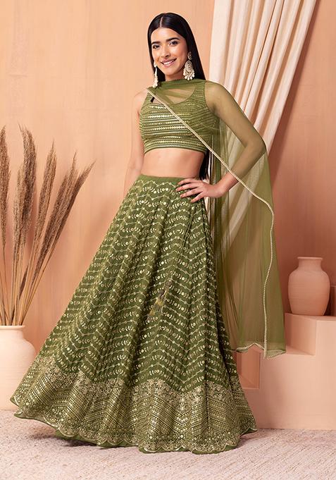 Fern Green Zari Embroidered Lehenga Set With Sequin Embroidered Blouse And Dupatta 