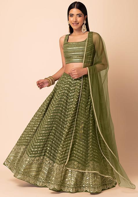 Buy Women Fern Green Zari Embroidered Lehenga Set With Sequin ...