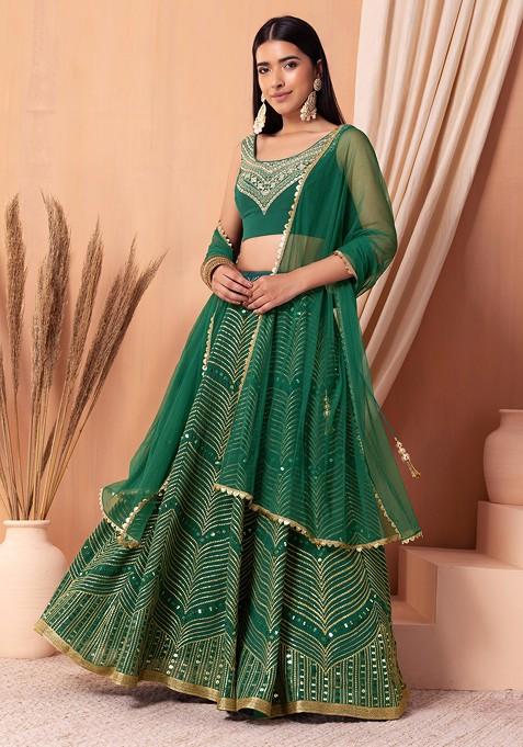 Green Sequin And Zari Embroidered Lehenga Set With Foil Work Blouse And Dupatta 