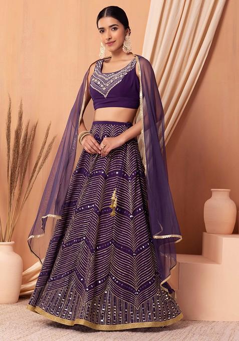 Purple Sequin And Zari Embroidered Lehenga Set With Foil Work Blouse And Dupatta 	