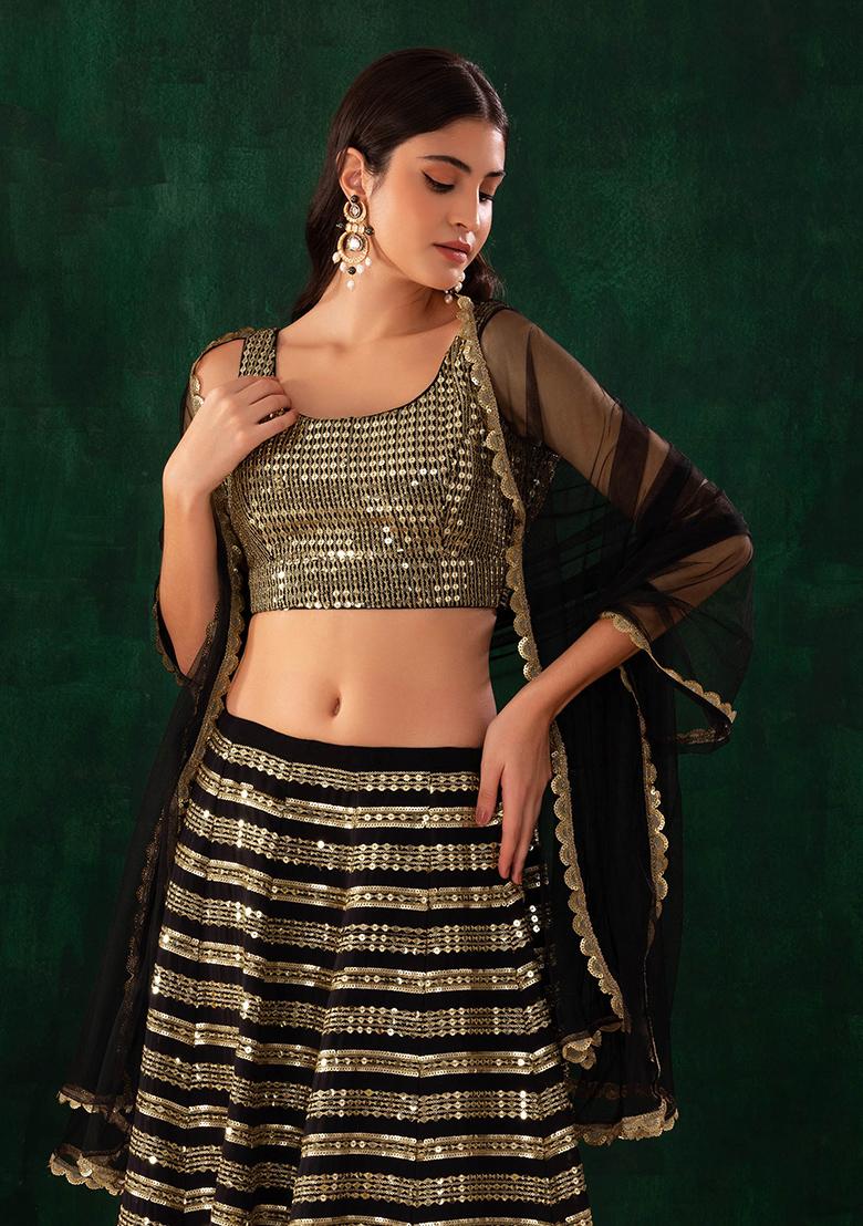 Buy Women Black And Gold Sequin And Zari Embroidered Lehenga Set With Blouse  And Dupatta - Leheng & Skirt - Indya