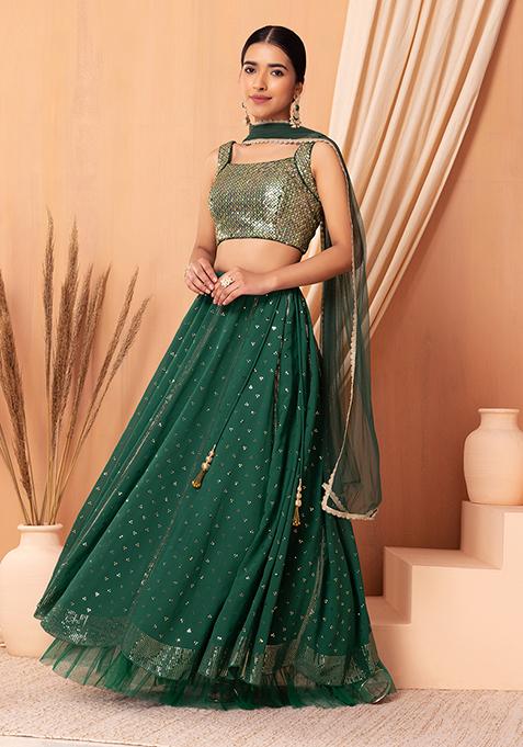 Forest Green Foil Work Lehenga Set With Blouse And Dupatta 	