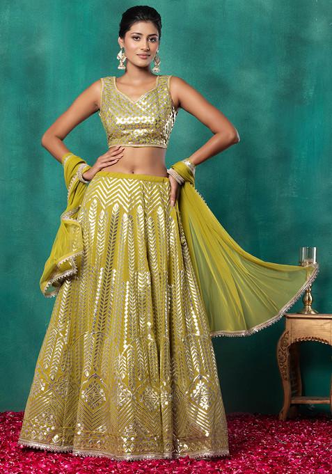 Light Green Floral Foil Embroidered Lehenga Set With Blouse And Dupatta