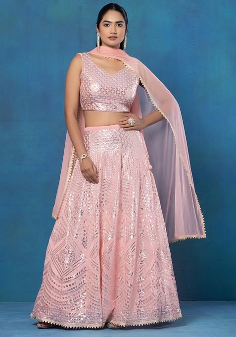 Pastel Pink Floral Foil Embroidered Lehenga Set With Blouse And Dupatta