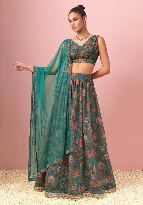 Turquoise Floral Print Lehenga Set With Blouse And Mesh Dupatta
