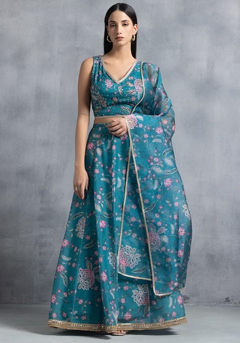 Turquoise Floral Digital Print Lehenga Set With Blouse And Organza Dupatta