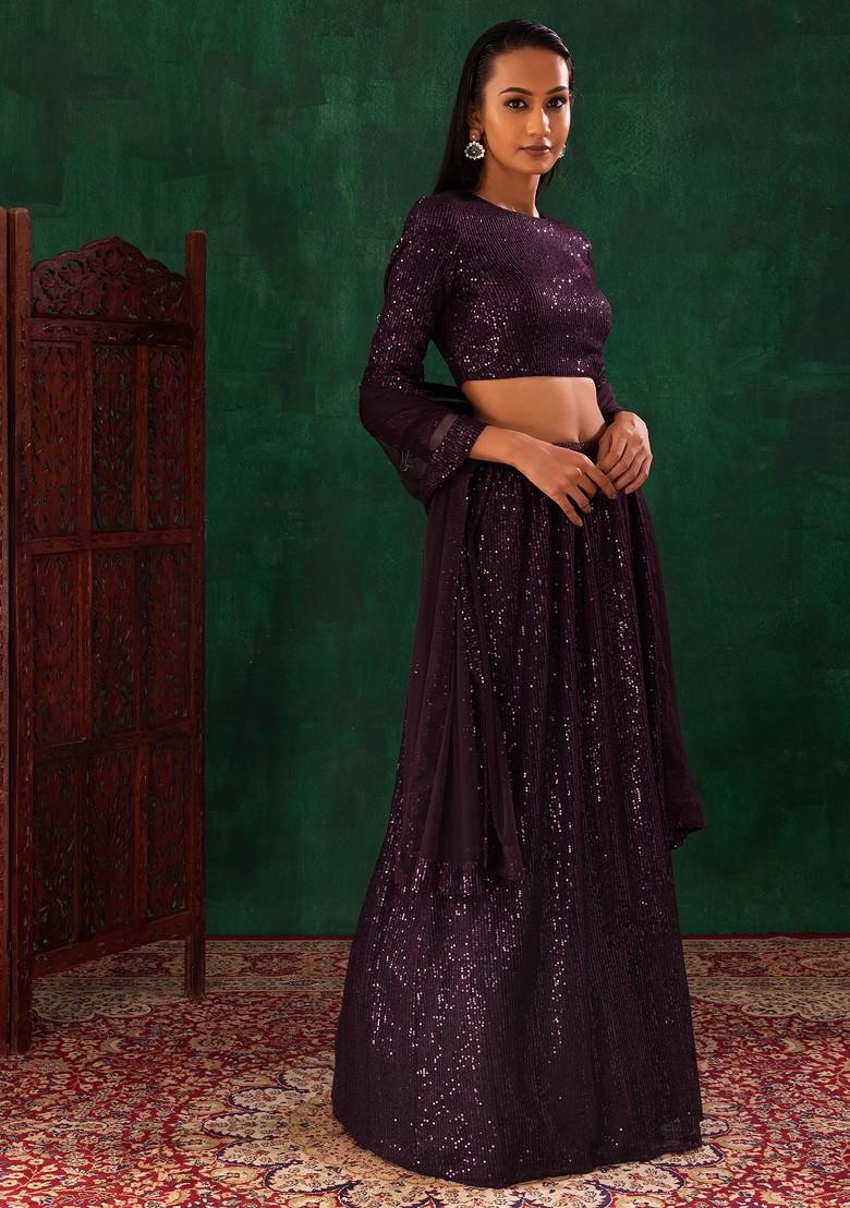 Dark Purple Tonal Sequin Embroidered Lehenga Set With Blouse And Dupatta - Indya