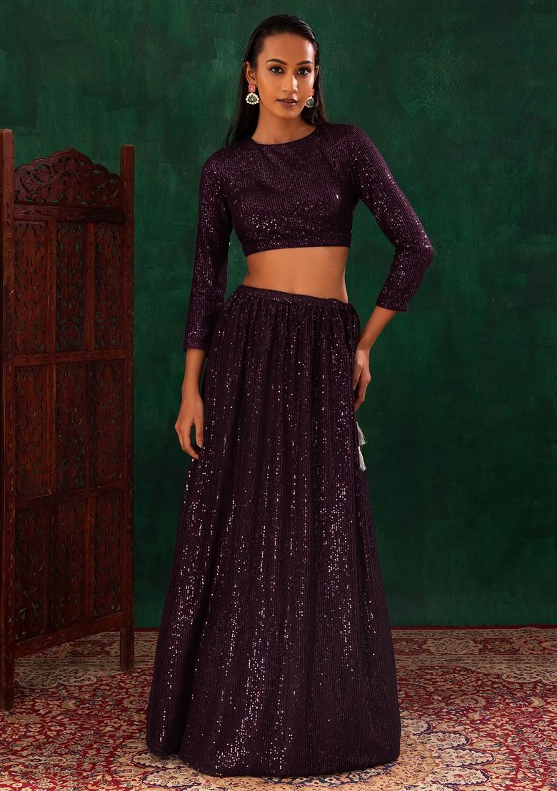 Dark Purple Tonal Sequin Embroidered Lehenga Set With Blouse And Dupatta - Indya