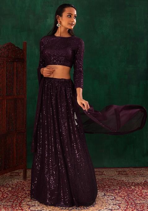 Dark Purple Tonal Sequin Embroidered Lehenga Set With Blouse And Dupatta