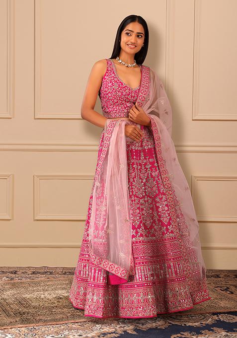 Hot Pink Thread Embroidered Lehenga Set With Stitched Strappy Blouse And Dupatta