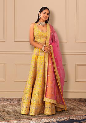 Mustard Yellow Thread Embroidered Lehenga Set With Blouse And Dupatta