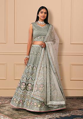 Green Floral Thread Embroidered Lehenga Set With Blouse And Dupatta