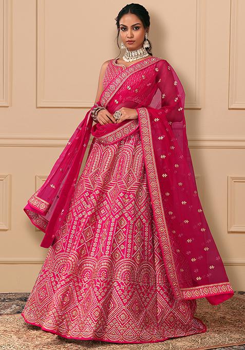 Hot Pink Floral Embroidered Lehnega Set With Strappy Blouse And Dupatta