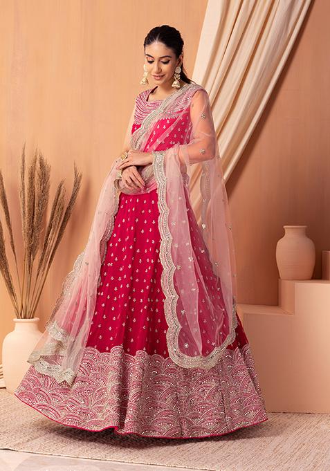 Red Zari Embroidered Lehenga Set With Blouse And Dupatta