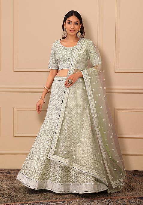 Pastel Green Floral Embroidered Lehenga Set With Blouse And Dupatta