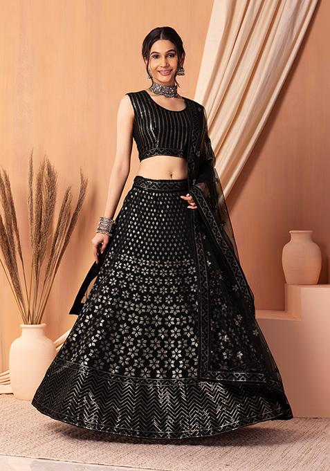 Black Floral Sequin Embroidered Lehenga Set With Blouse And Dupatta