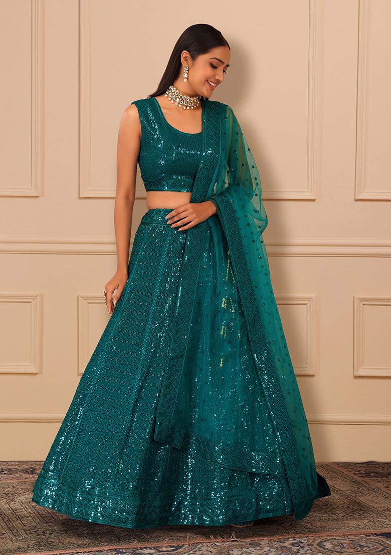 Green Kundan Lehenga with Blue Blouse - Indian Dresses