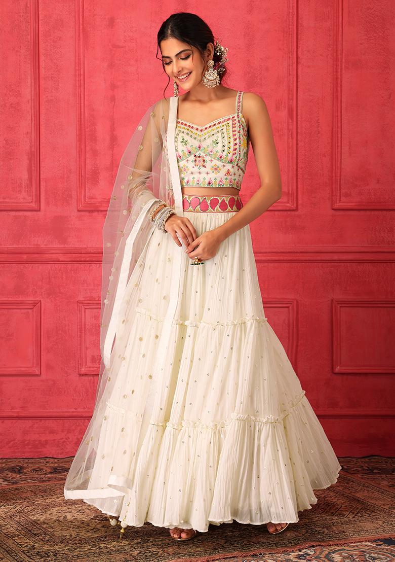 Navratri Special white & red Designer Lehenga Choli With Printed Butter  Silk Material, Zari And Mirror